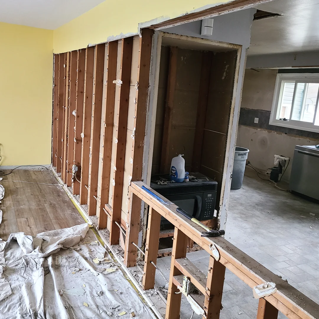 Interior walls opened to the studs during a home remodel