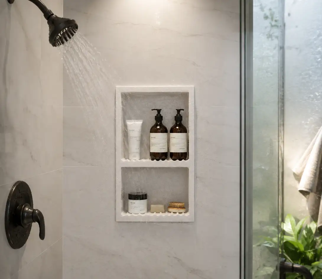 Liberty wide two-shelf shower caddie recessed into a shower wall