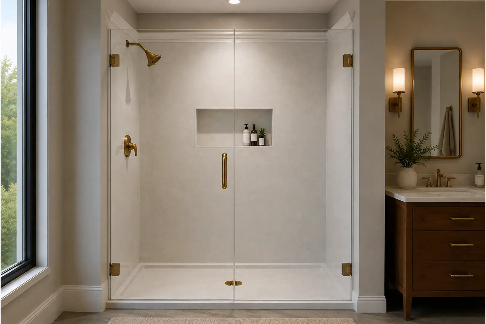 Walk-in shower kit with light wall panels and glass door